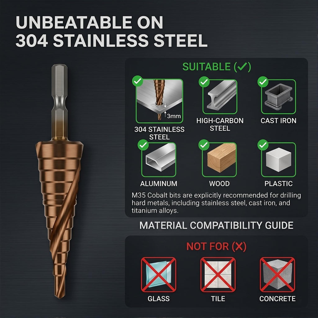 M35 Cobalt Step Drill Bit, Metric 3-14mm, 1/4" Hex Shank, 12 Sizes
