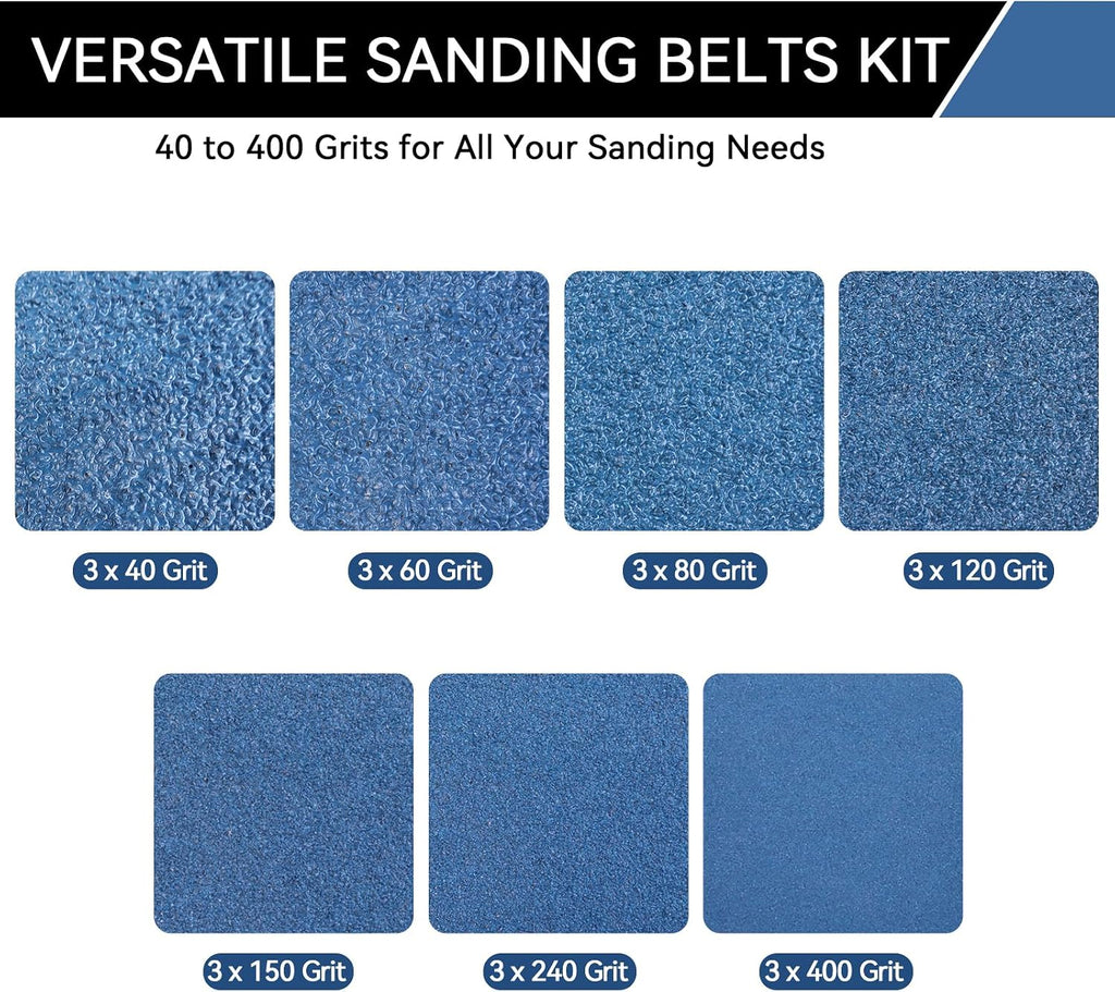 3x21 Inch Sanding Belts 21 Pcs 7 Grits Sizes (3 Each of 40/60/80/120/150/240/400 Grits) Heavy Duty Belt Sander Zirconia Belt Sander Paper for Wood, Metal, Stainless Steel, Cars, and Furniture