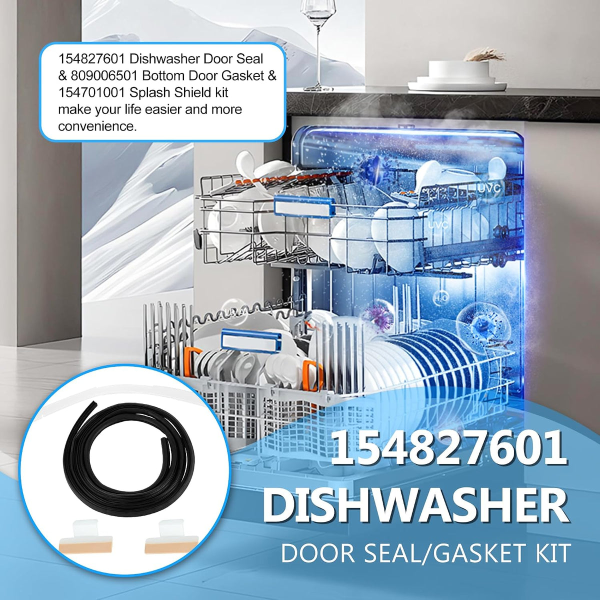 154827601 Dishwasher Door Seal Kit for Frigidaire Gallery Kenmore Dishwasher ffbd2411ns0a fgid2466qf4a fghd2465nf1 - Door Gasket Seal with 809006501 Bottom Gasket 154701001 Splash Shield - By Vypart