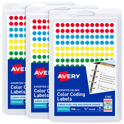 Color-Coding Removable Labels, 1/4 Inch Round Labels, Assorted Colors, Non-Printable, 3 Packs, 2,304 Dot Stickers