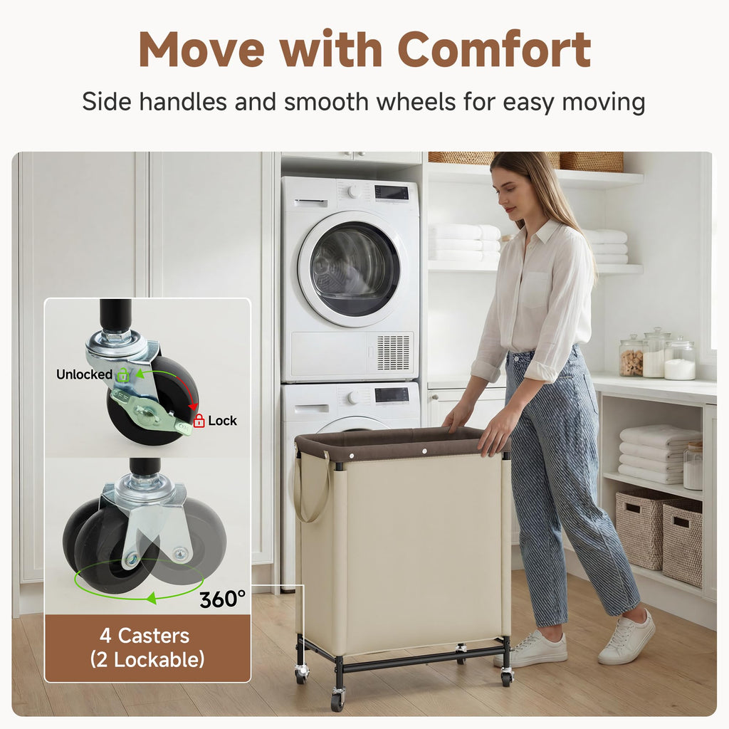 2 Section Laundry Hamper, 100L Tan Sorter Cart with Wheels
