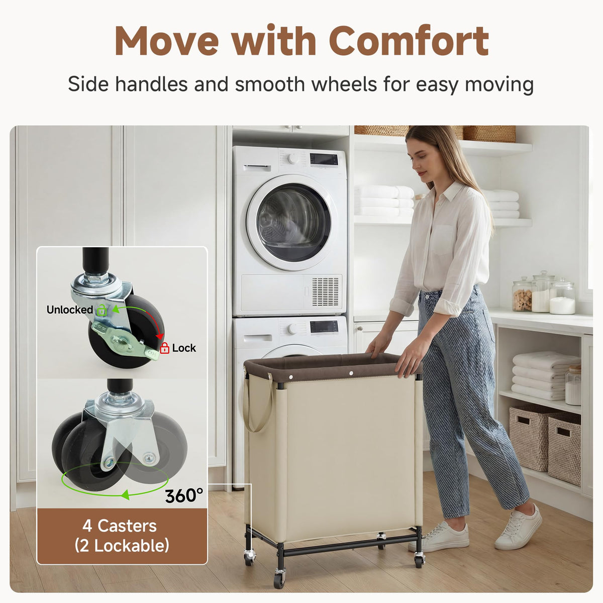 2 Section Laundry Hamper, 100L Tan Sorter Cart with Wheels