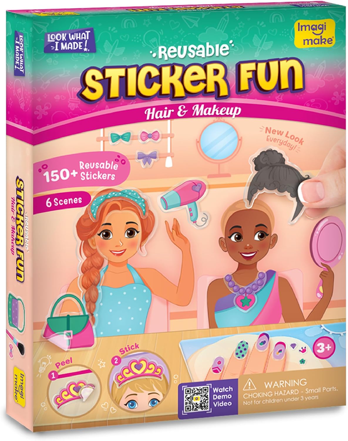 Reusable Sticker Fun – Hair & Makeup Kit |Reusable Glam Stickers for Kids | 6 Styling Scene Boards | Pretend Play |