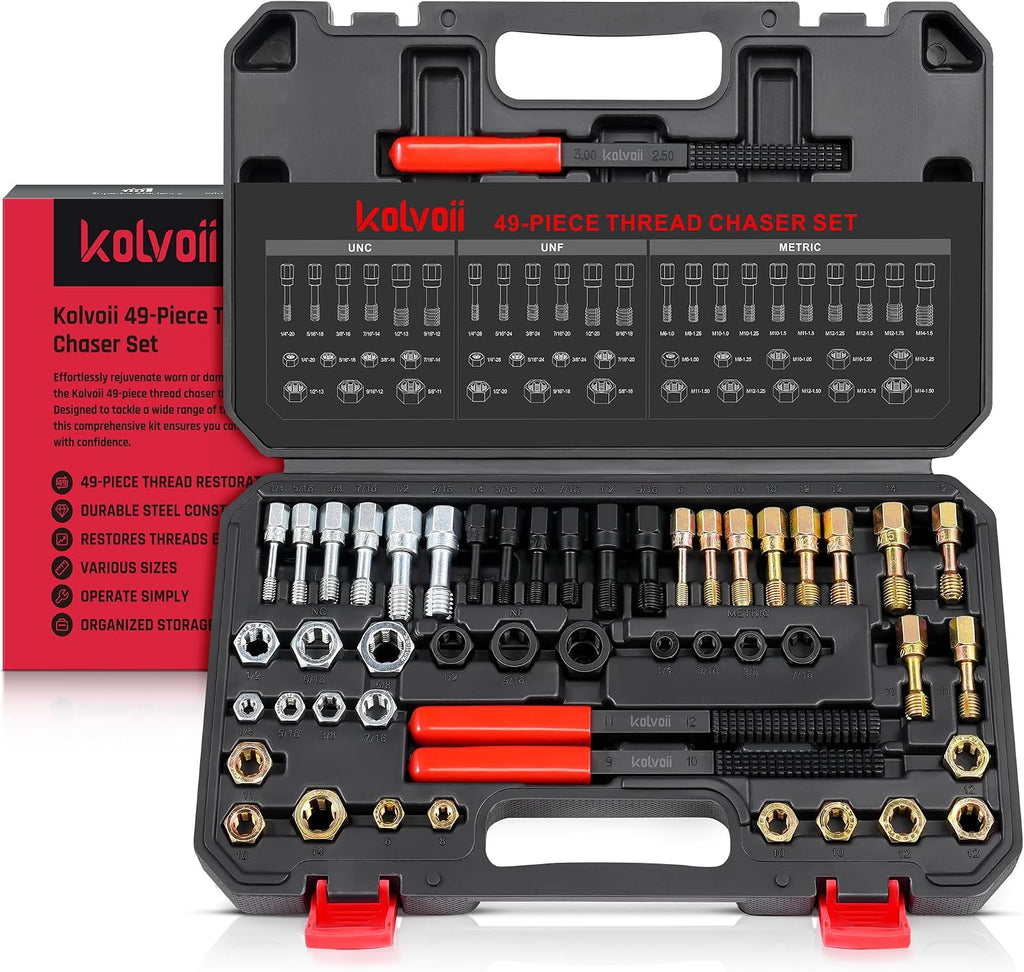 Kolvoii 49-Piece Thread Chaser Set, Metric, UNC & UNF Thread Repair Kit