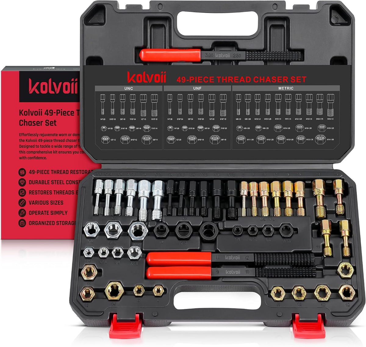 Kolvoii 49-Piece Thread Chaser Set, Metric, UNC & UNF Thread Repair Kit