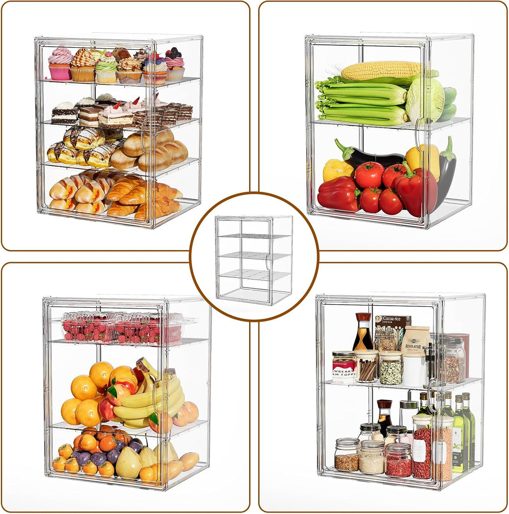 Pastry Display Case, 3 Tier Bread Box for Kitchen Countertop, Acrylic Cookie Display Stand with Magnetic Door, Large