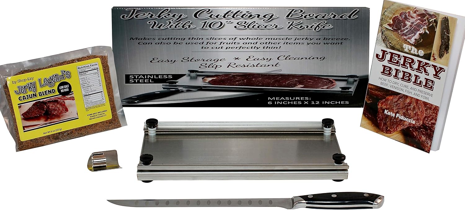 Jerky Maker Cutting Board With Professional Slicing and Carving Knife 8oz Pack of Seasoning and How to Book (1)