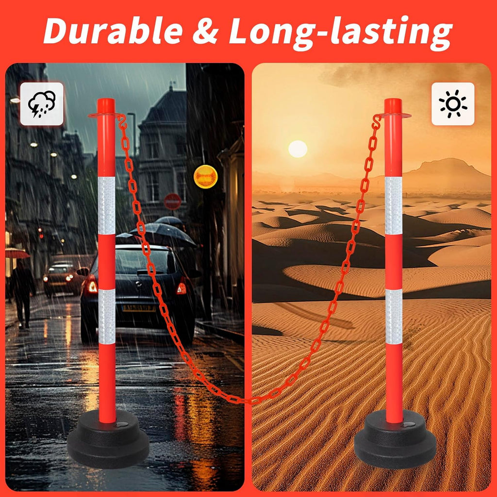 Traffic Delineator Posts with Weighted Base & Reflective Collar, 35'' Red Safety Stanchions Cones with 5FT Plastic S