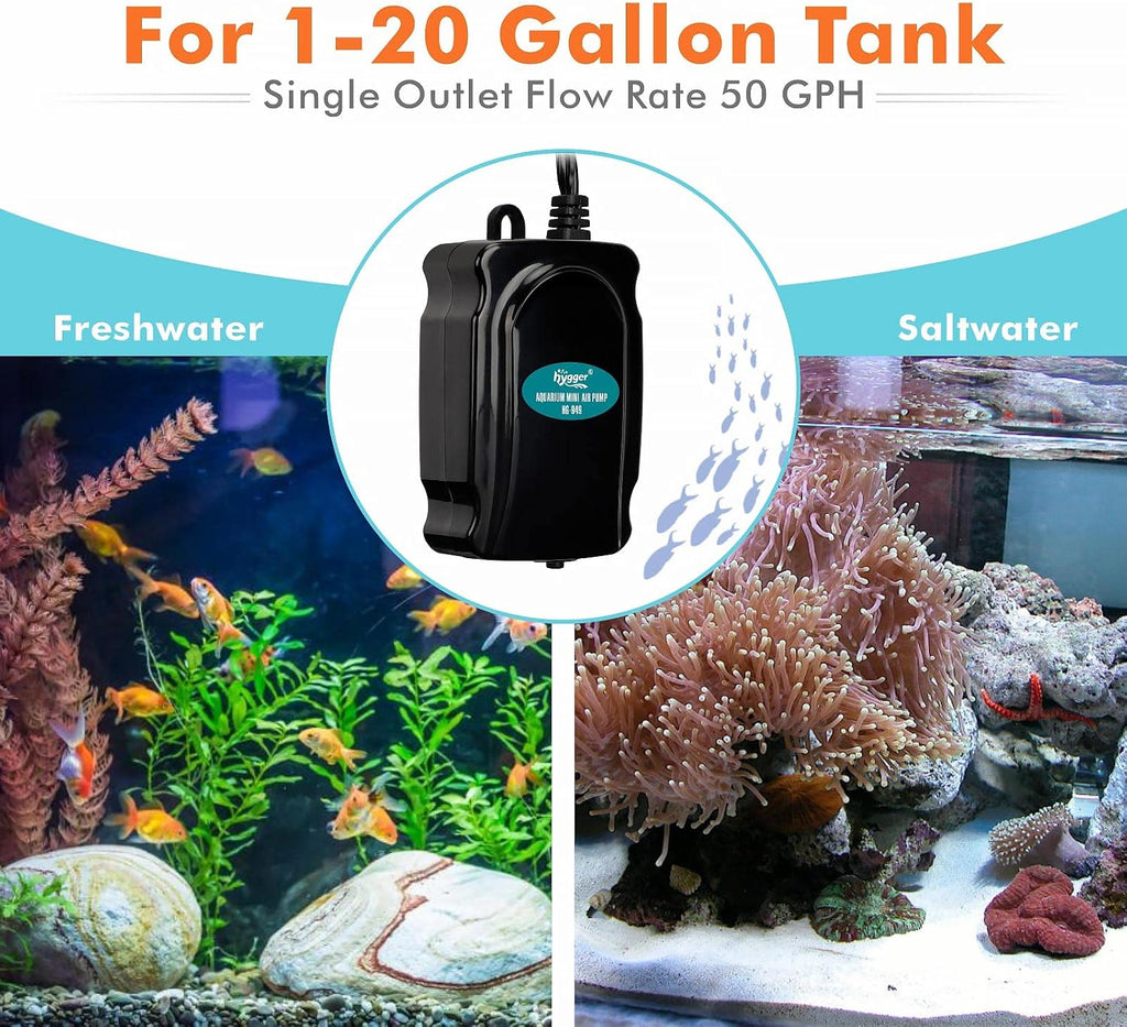 Mini Aquarium Air Pump Kit Small Fish Tank Air Pump 1W for 2-20 Gallon Fish Bowl with Air Tube Air Bubbler Stone