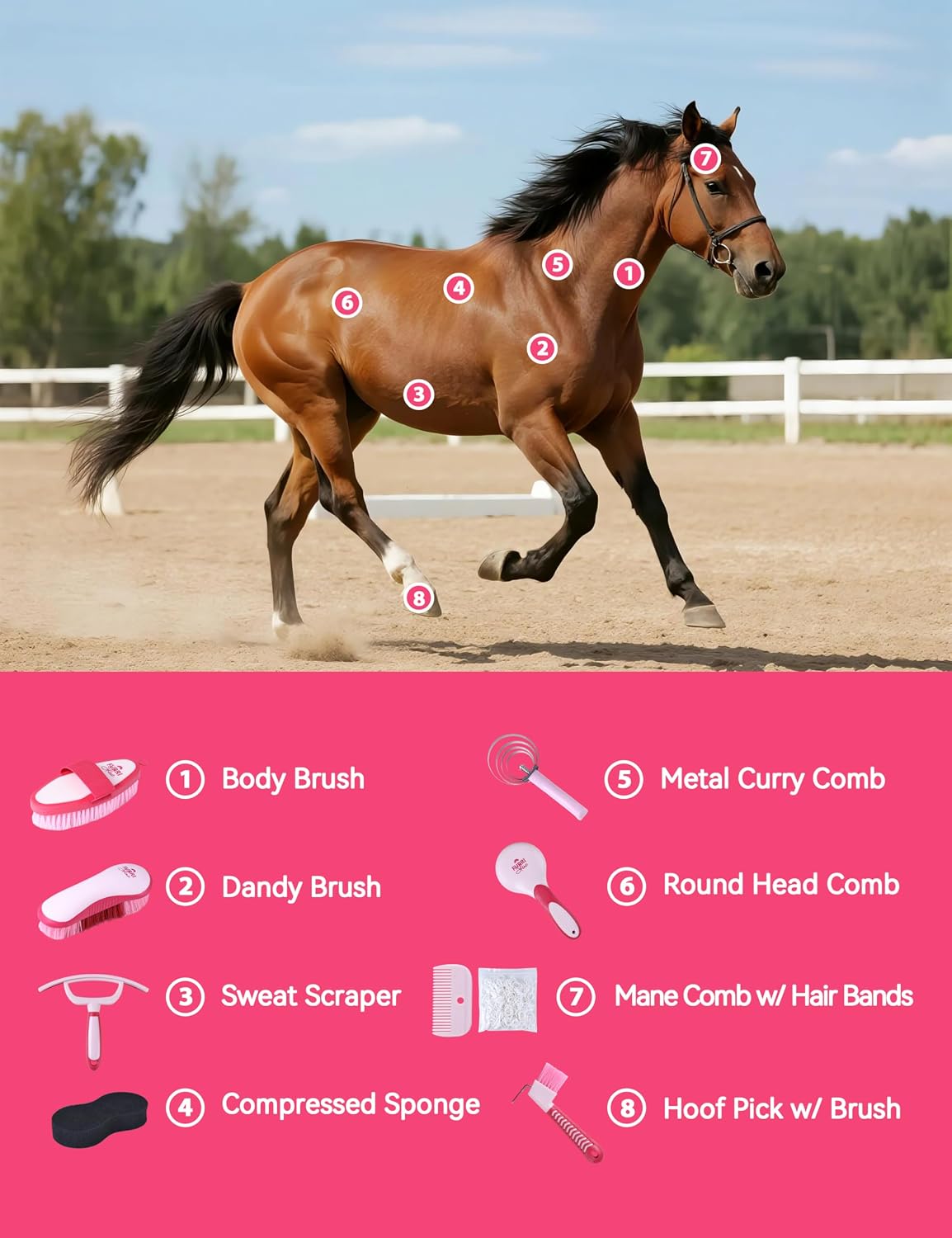 Horse Grooming Kit, 9 Piece Horse Brush Set w/Silicone Handles
