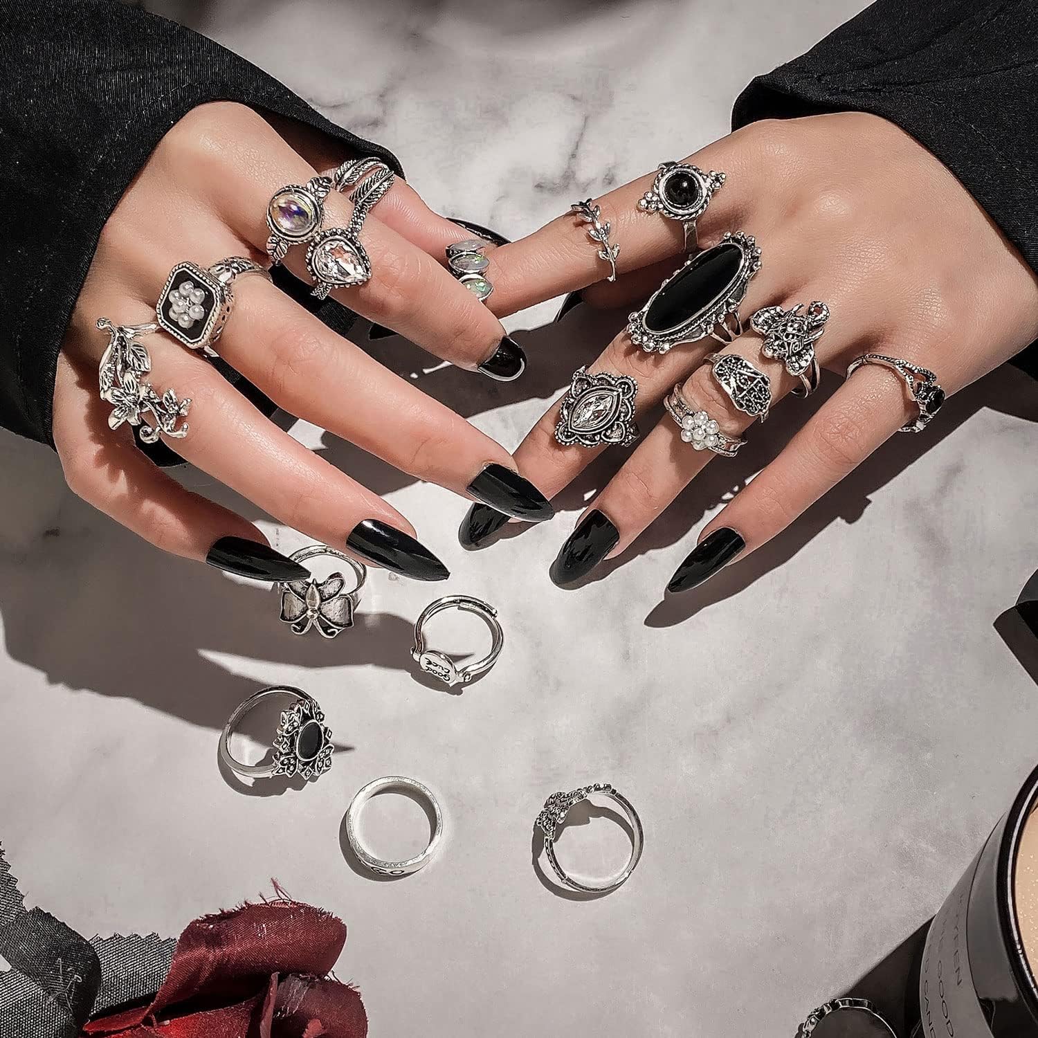 Vintage Silver Knuckle Rings Set for Women Men, Chunky Rings Aesthetic Snake Grunge Stackable Gothic Ring Adjustable