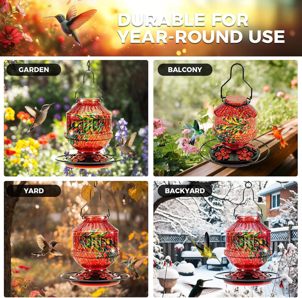 Blown Glass Hummingbird Feeders for Outdoors, 25 Ounces Wild Bird Nectar Feeder with Perch & 5 Flower Feeding Ports