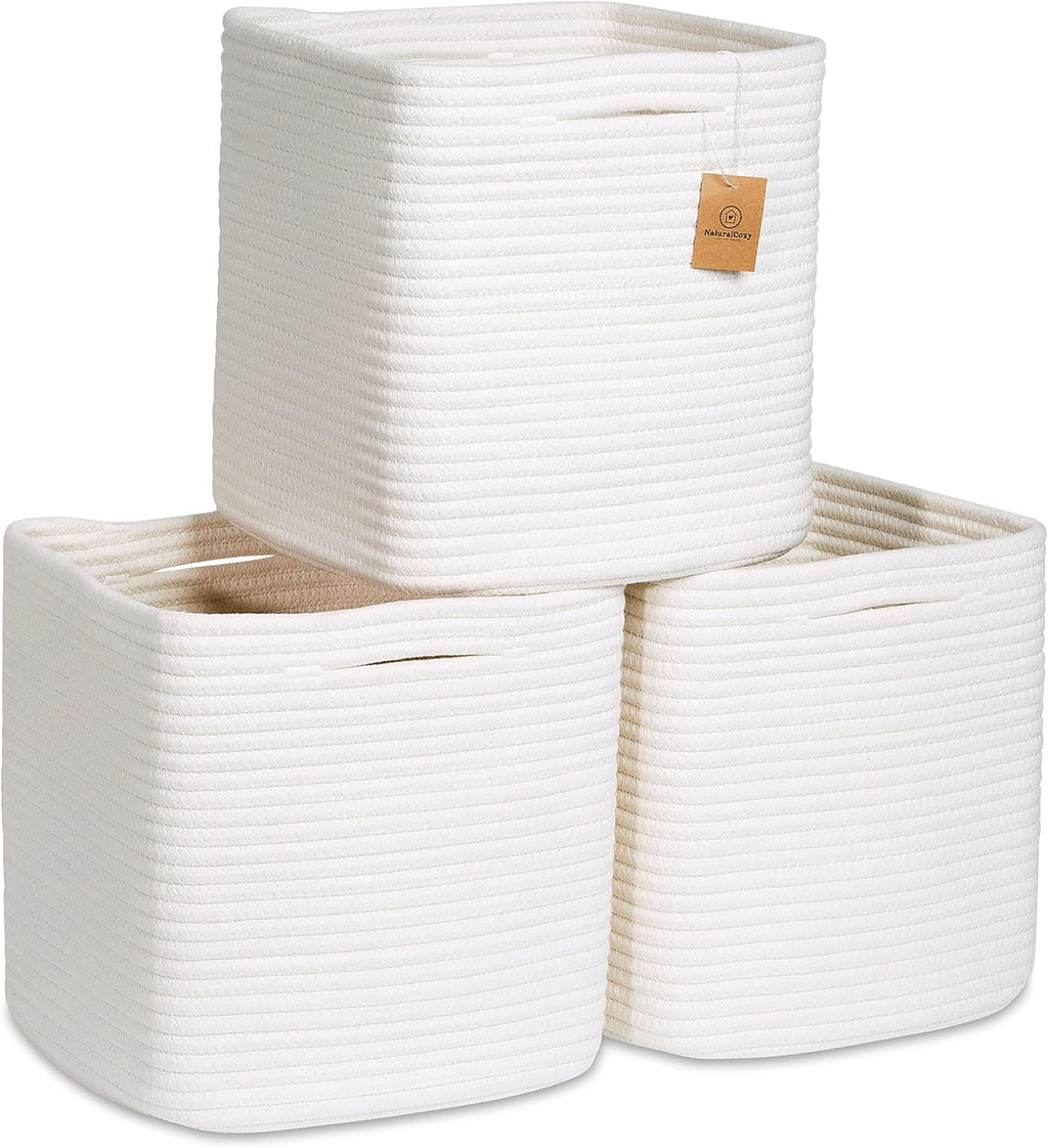 Storage Cubes 11 Inch Cotton Rope Woven Baskets for Organizing, 3-Pack | Cube Storage Bin | Square Storage Baskets