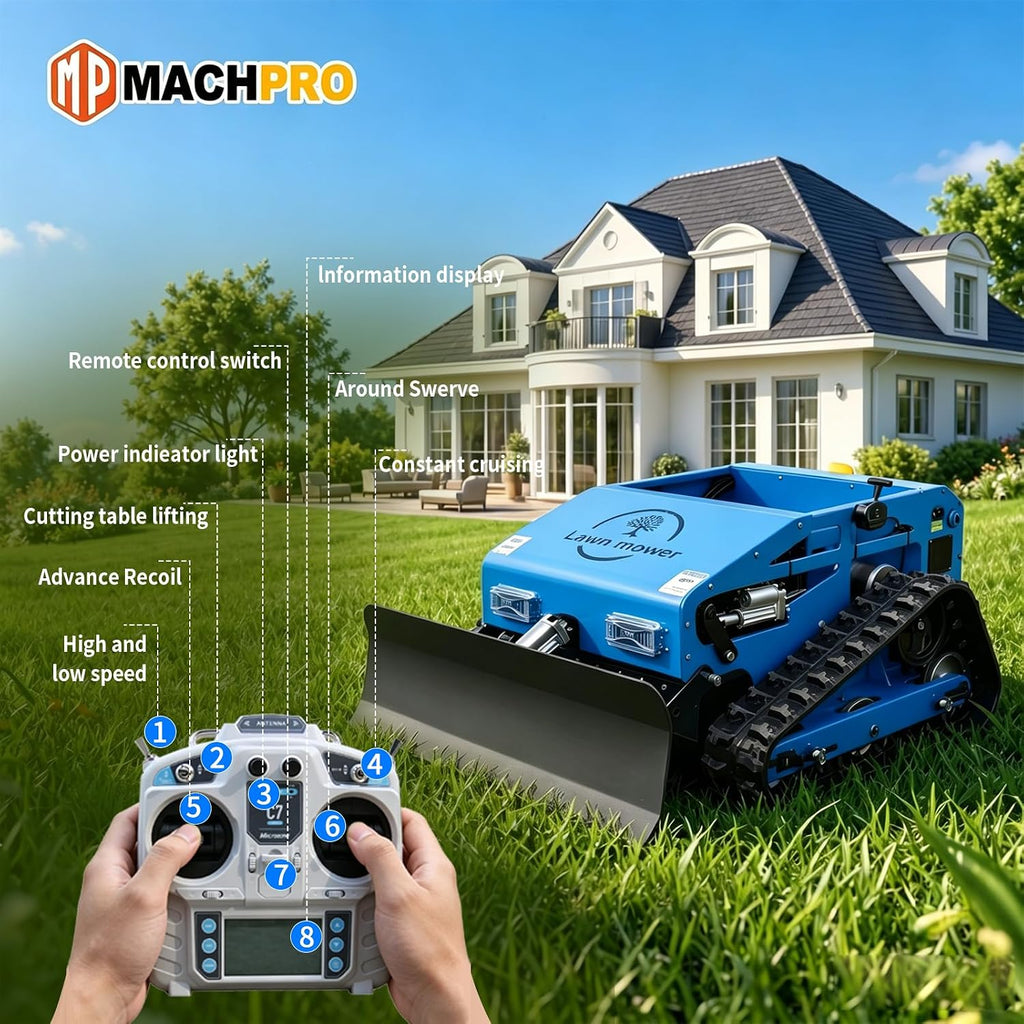 Remote Control Lawn Mower Robot Crawler with Snow Plow Attachment-Range 600m, Hybrid Gas-Electric Power, 9HP Gasoline