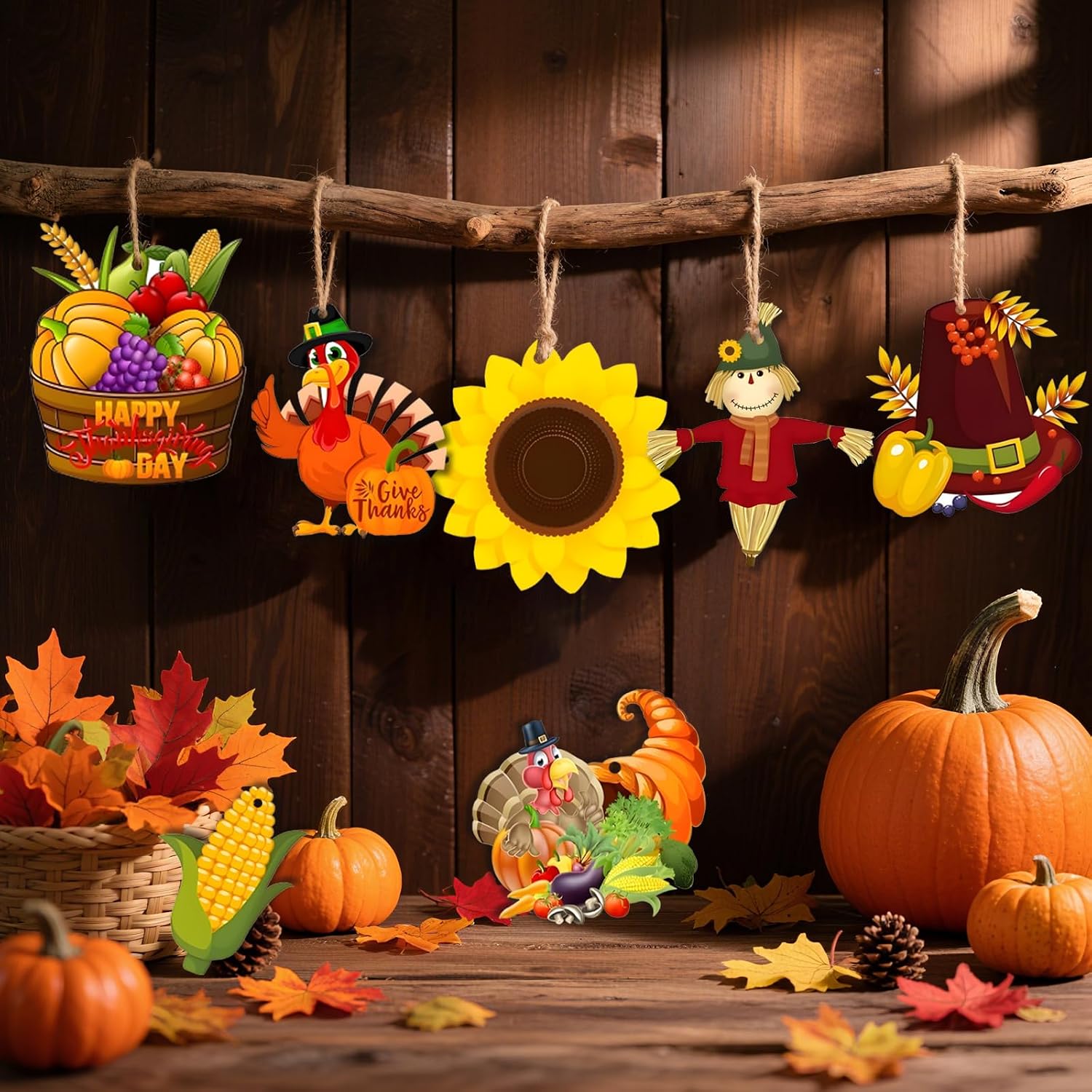 Fall Decor Indoor, 24 PCS Wooden Thanksgiving Hanging Decorations | Rustic Turkey, Scarecrow, Pumpkin & Basket, 8