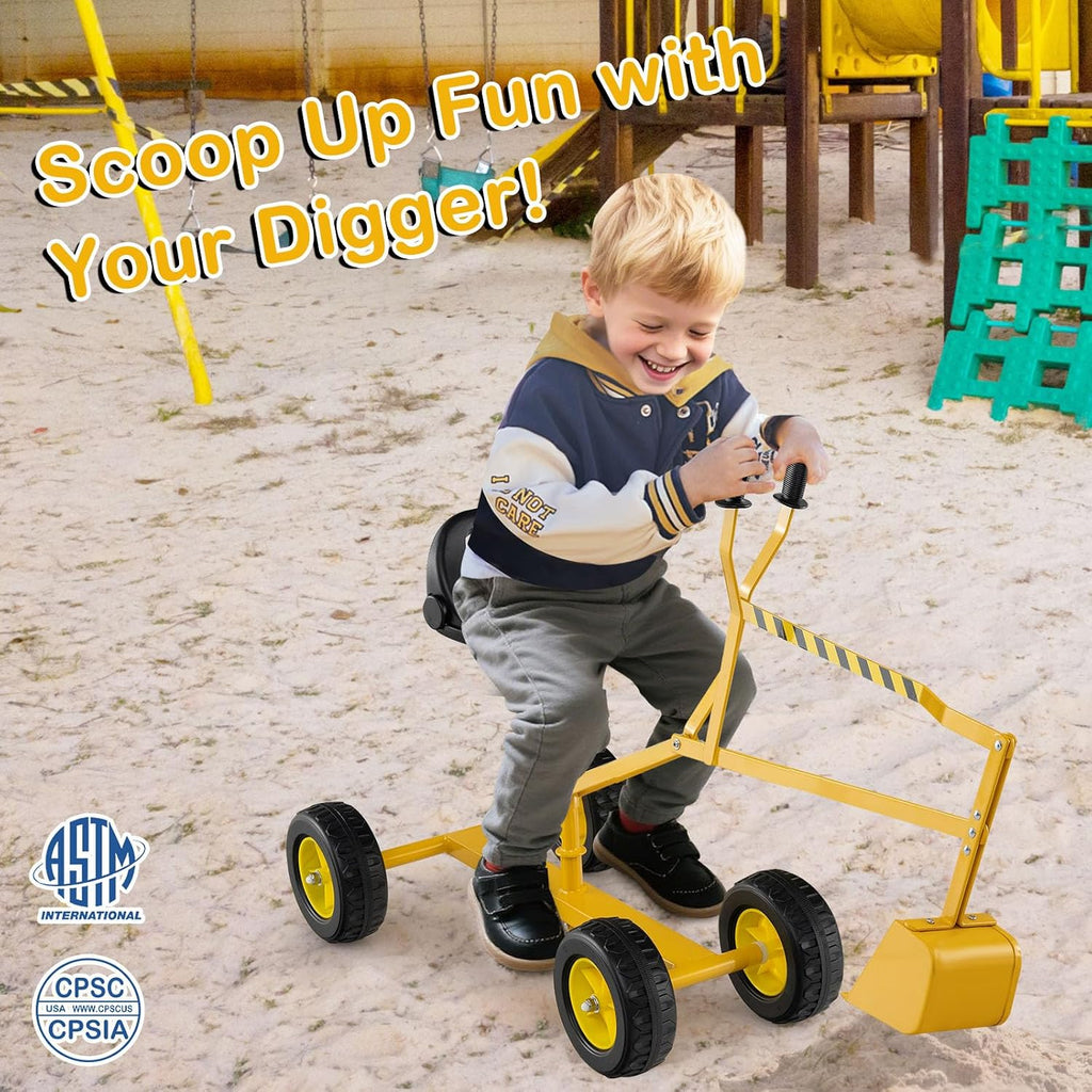 Kids Ride On Digger, 360° Seat Rotatable Excavator Crane Toy for Sand, Dirt, Snow, Heavy Duty Steel Beach Sandbox Sit