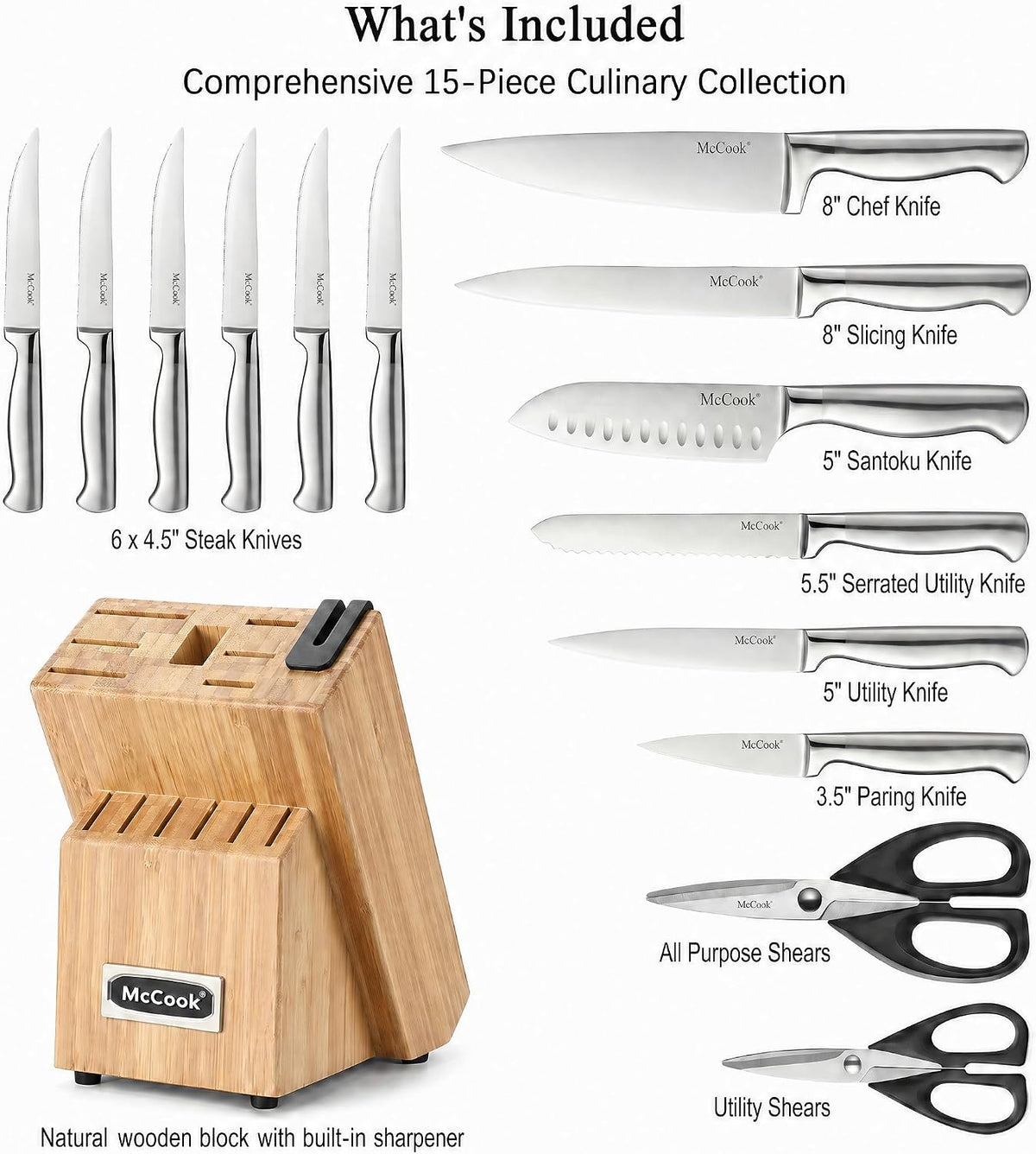 Knife Set Kitchen Steel Knife Block Set w Built-in Sharpener