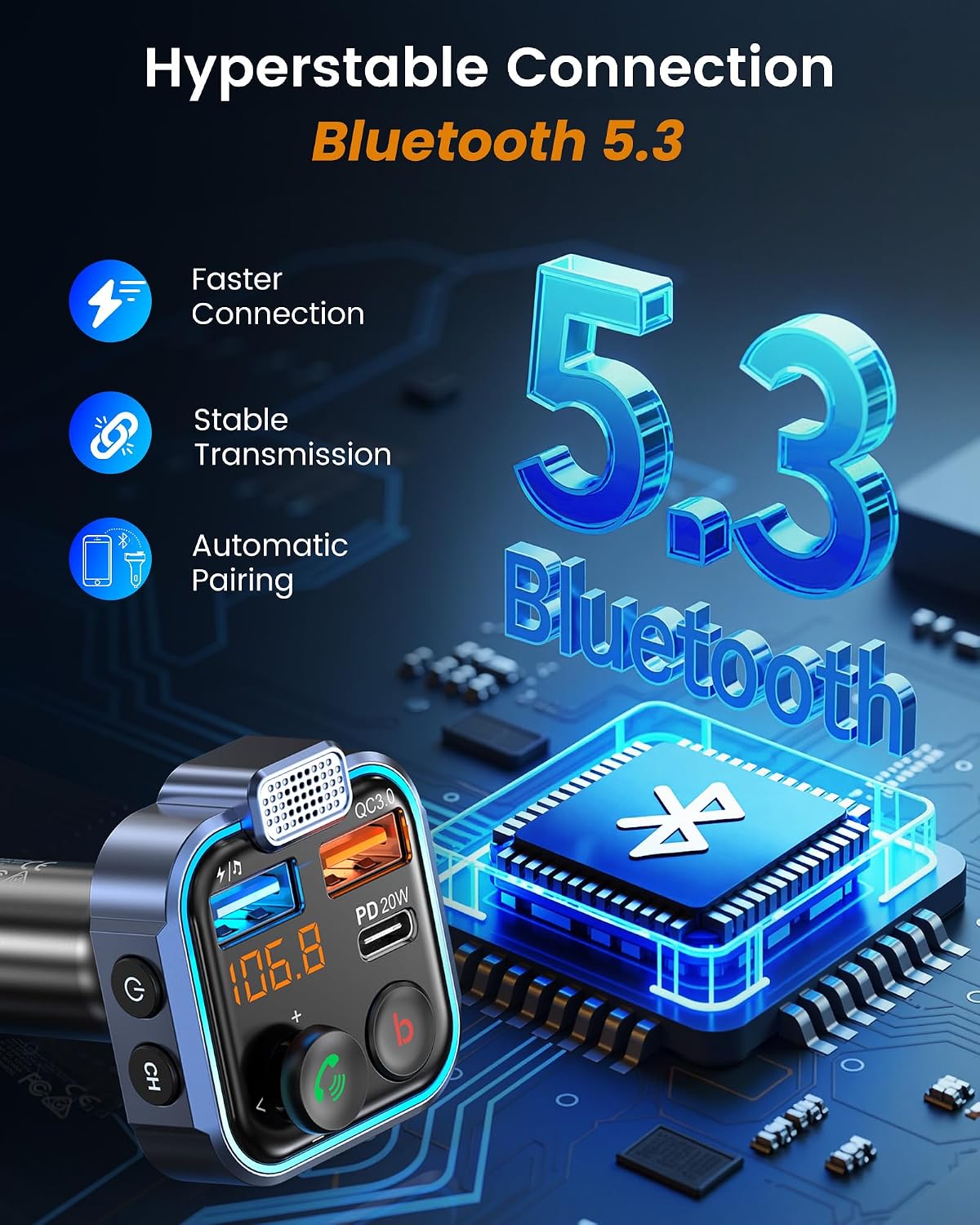FM Transmitter in-Car Adapter, Wireless Bluetooth 5.3 Radio Car Kit | Type-C PD 20W+ QC3.0 Fast USB Charger