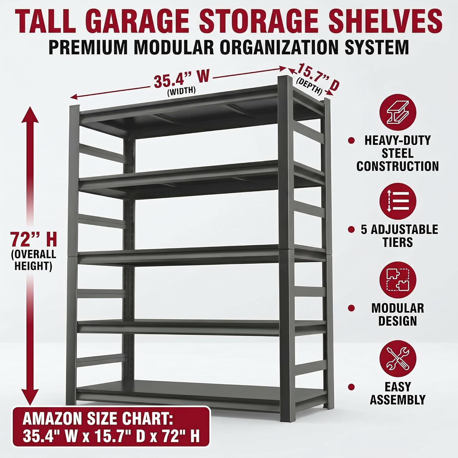 Garage Shelving, 3000 LBS Heavy Duty Metal Storage Shelves with Anti-Fall Rails, 5-Tier Adjustable Storage Rack for