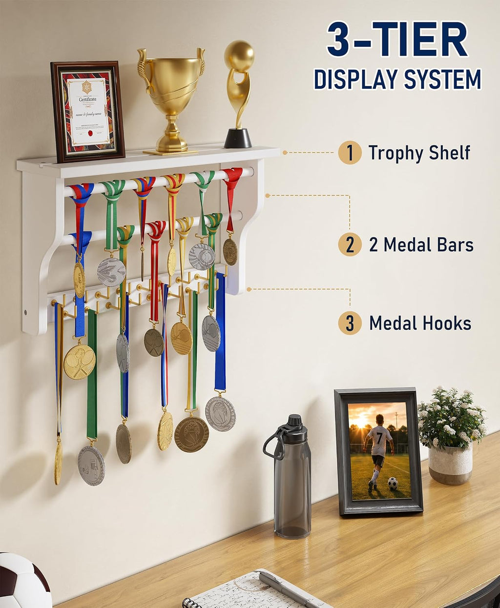 Medal Hanger Display, 3-Tier Solid Wood Trophy Shelf Rack | Medal Holder,2 Medal Bars,17 Metal Hooks,Heavy Duty