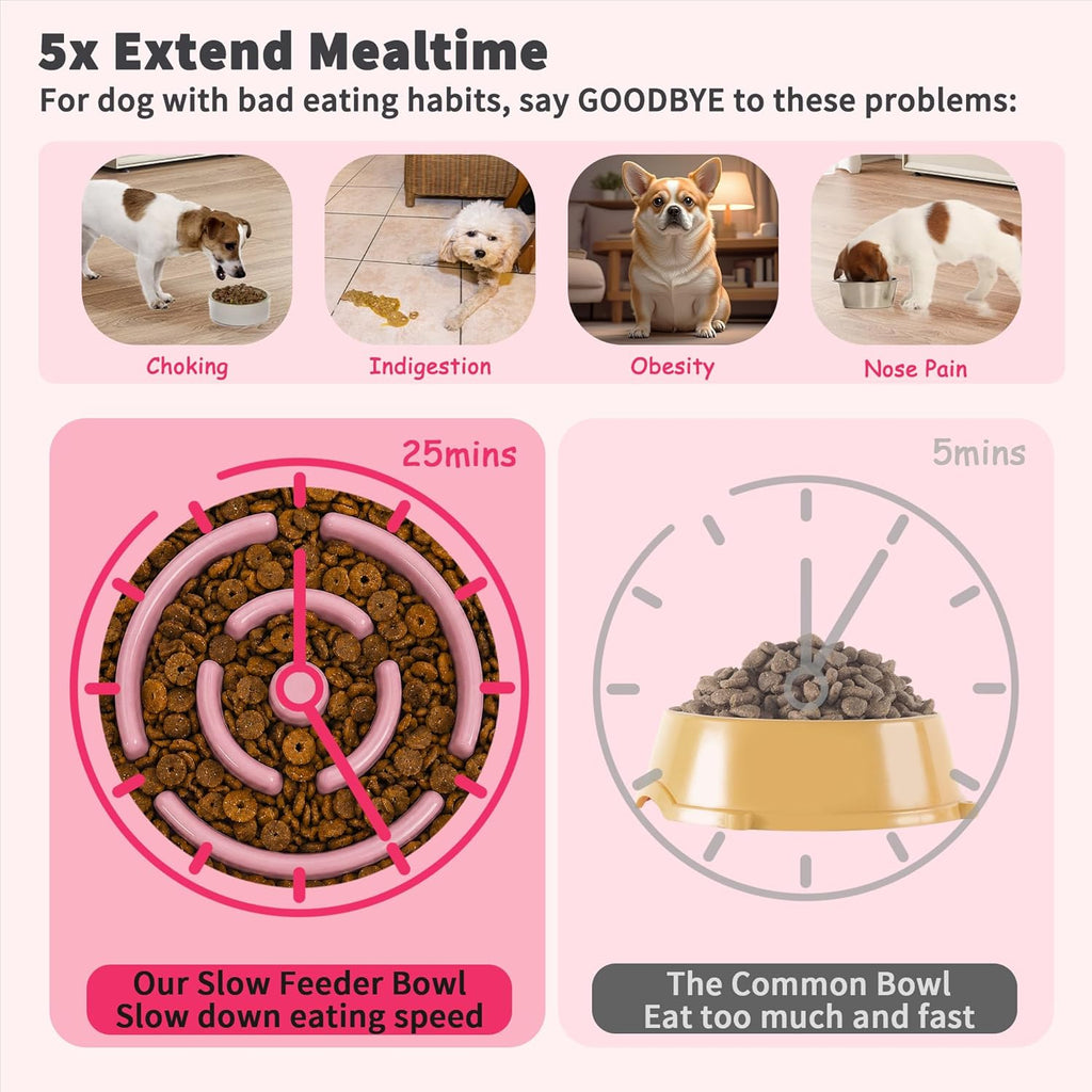 Elevated Slow Feeder Dog Bowl - Ceramic Maze Food Dish with Bamboo Stand - Raised Feeding Bowl for Fast Eaters