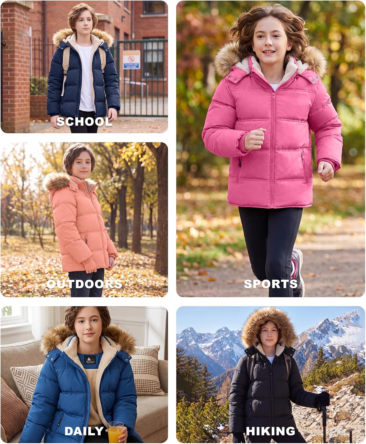 Boy's Girl's Winter Jackets Coat with Hood Thermal Windproof Zipper Puffer Warm Sherpa Fleece Lined