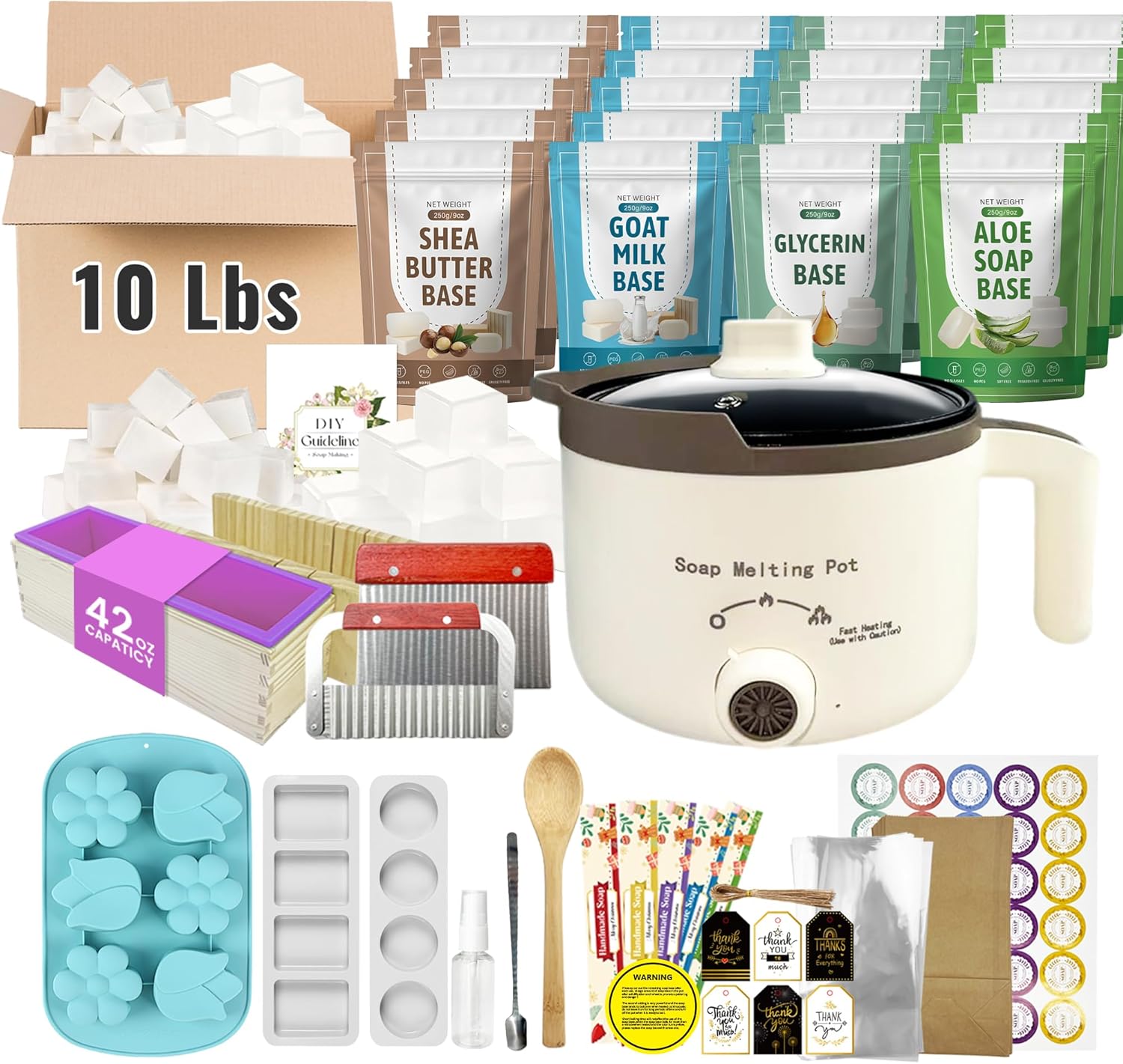 Soap Making Kit with 4 Flavored 10 lbs Soap Base in Bulk | DIY Soap Kit in Bulk with Soap Melting Pot, 10 lbs Soap