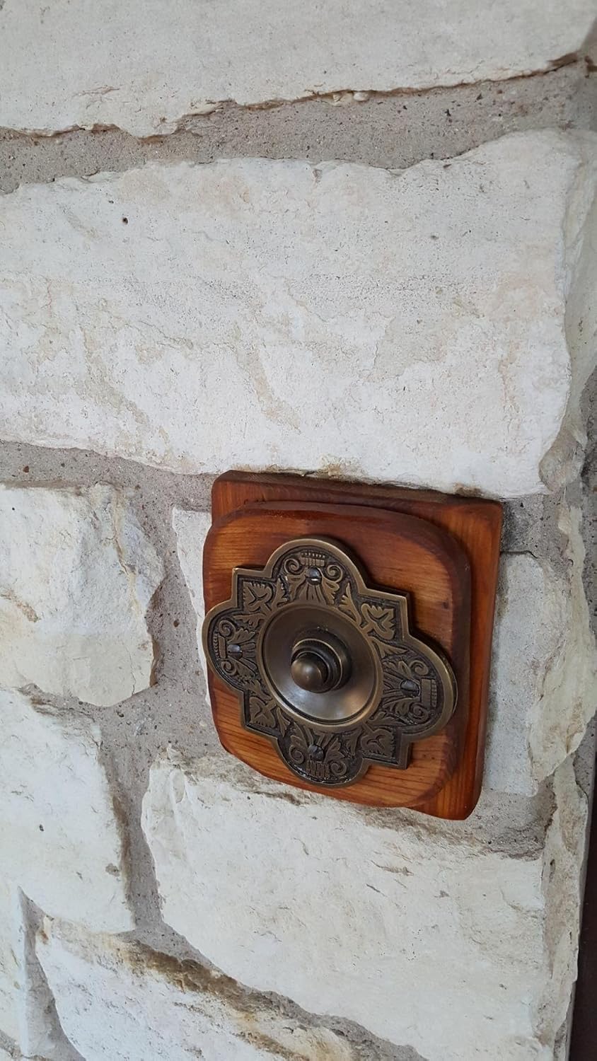 Push Button Doorbell, Solid Brass, Antique Brass Finish | 3 3/4 x 3 3/4 in, Wired Recessed Mount, Decorative Push