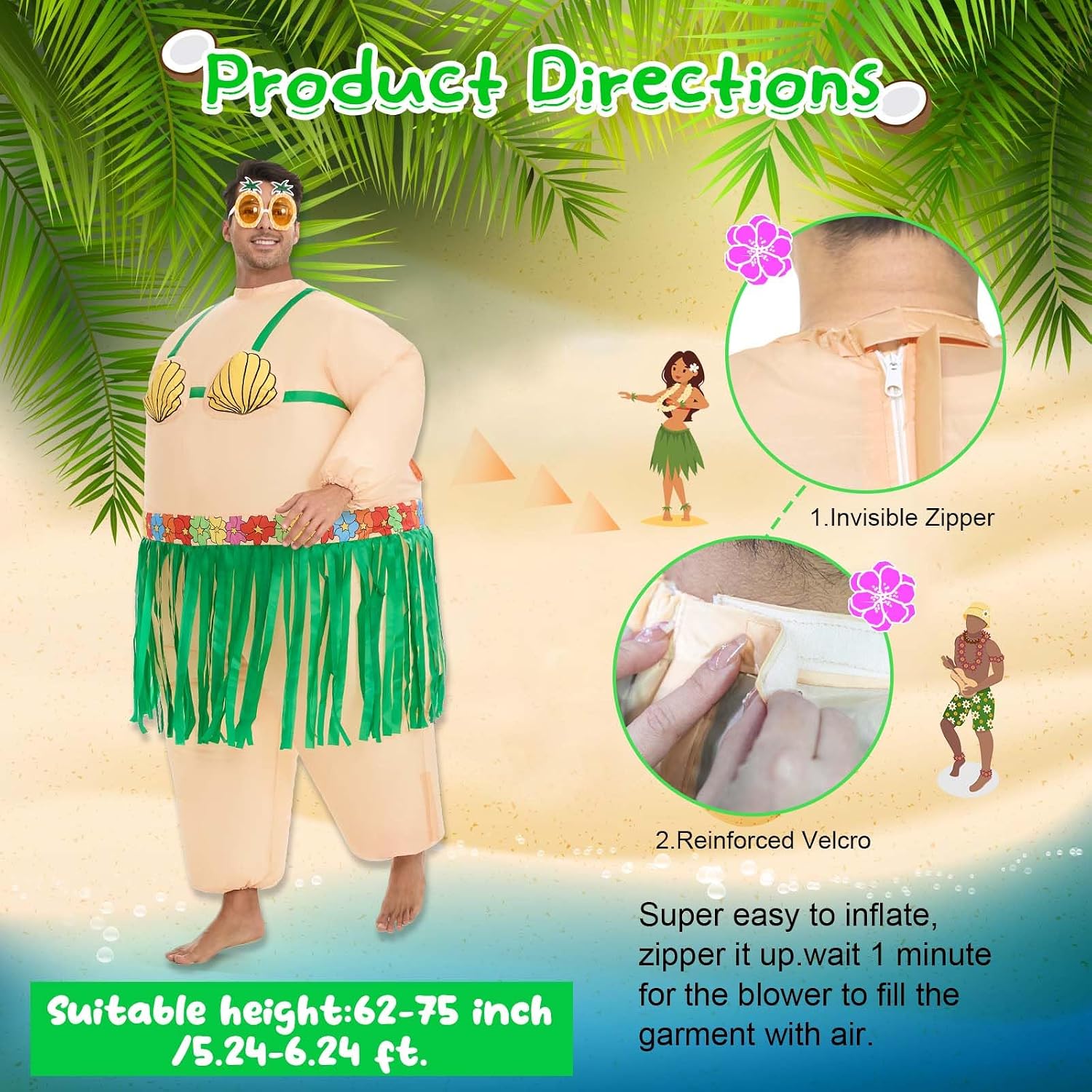 Inflatable Luau Hula Skirt Costume,Hawaiian Themed Party Funny Blow Up Costumes for Adult Beach Inflatable Suit