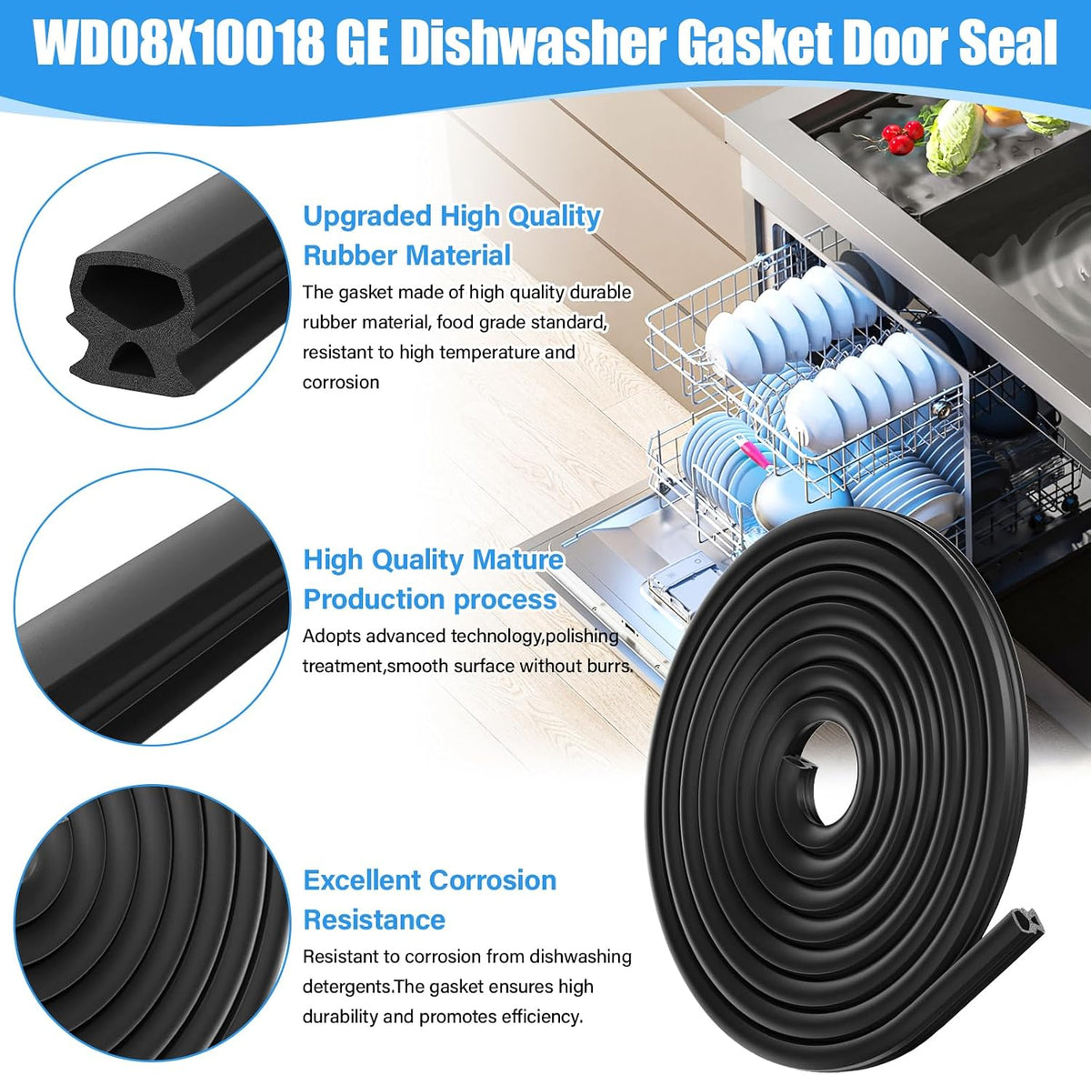 UPGRADED WD08X10018 Dishwasher Gasket Door Seal Compatible with GE Dishwasher Replacement Parts WD8X10018 AH258656 943373 GLC4400R40WW GHDA670N00BB General Electric GE Dishwasher Tub Gasket Door Seal