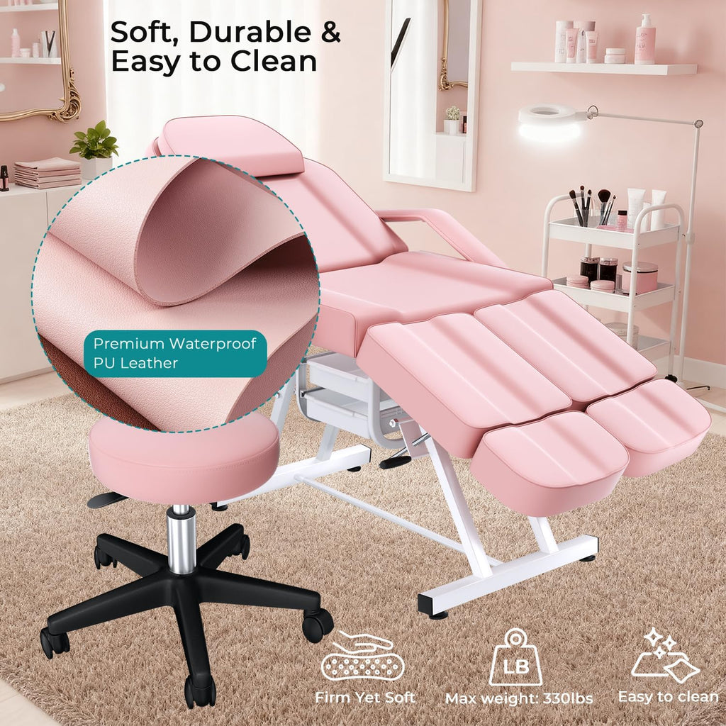 Pink Tattoo Chair for Client with Hydraulic Rolling Stool, Tattoo Client Chair Facial Bed Chairs for Esthetician