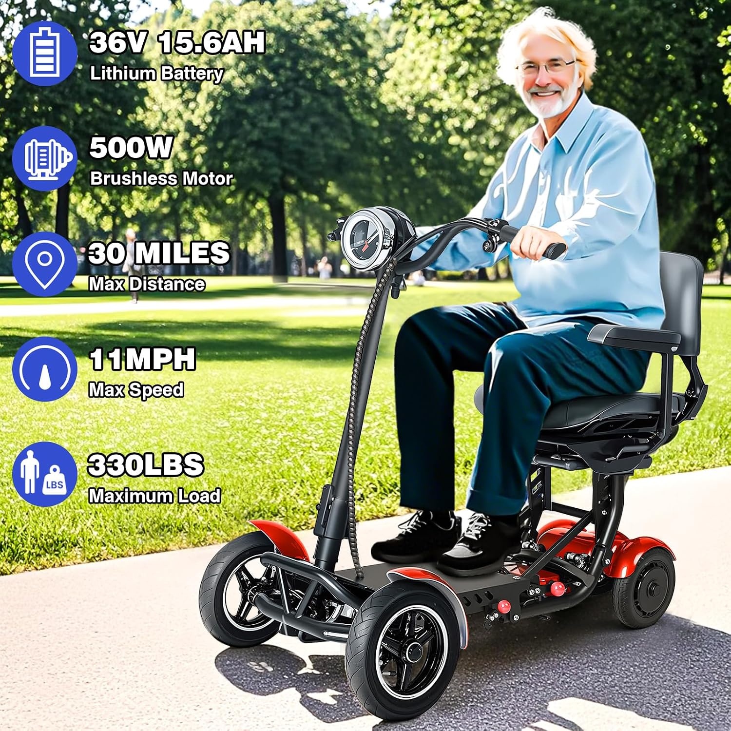 Mobility Scooters for Seniors & Adults– 4 Wheel Foldable Portable Electric Scooter, 500W Dual Motor, 30-Mile Range