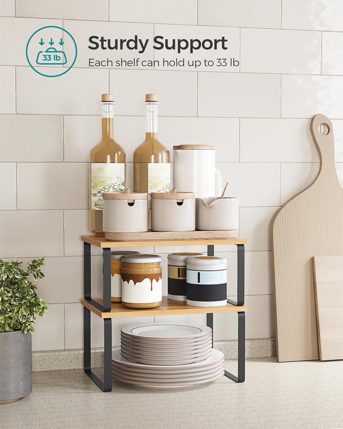 SONGMICS Cabinet Organizer Shelf, Set of 2 Kitchen Counter Shelves, Kitchen Storage, Spice Rack, Stackable