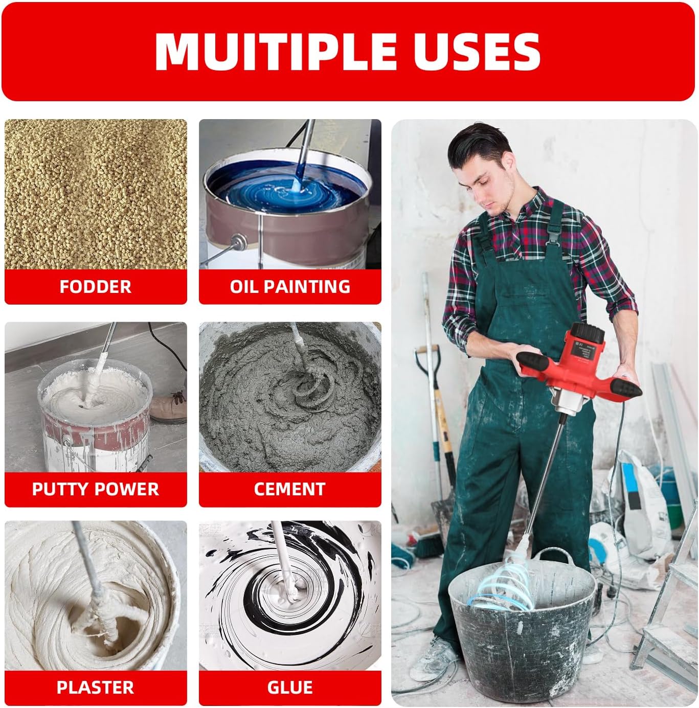 Cement Mixer 2300W, Handheld Electric Concrete Mixer with 6 Adjustable Speed, 110V Portable Mud Mixer Paint Mixer for