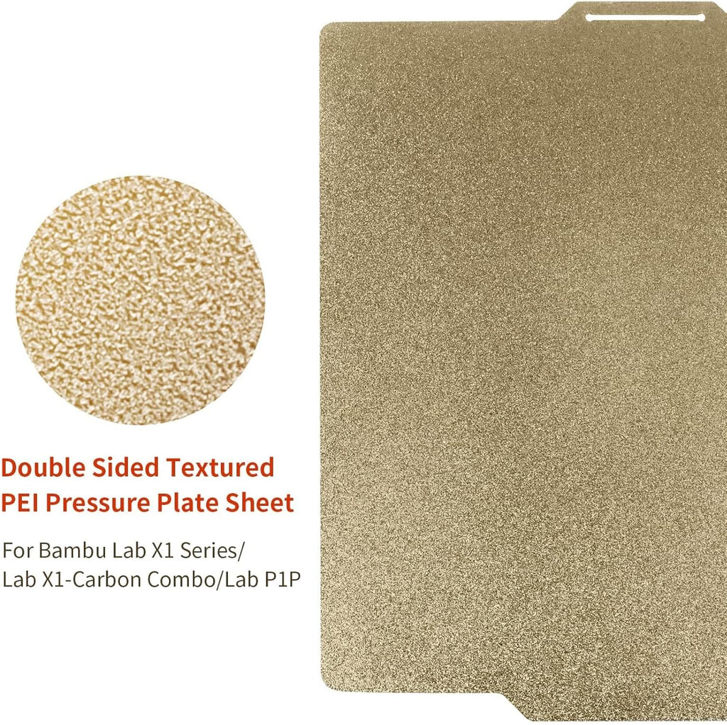 PEI Sheet Double Side Textured for Bambu Lab X1/X1C/P2S/P1P/P1S/A1 Carbon, 257x257 mm Gold Spring Steel Flexible