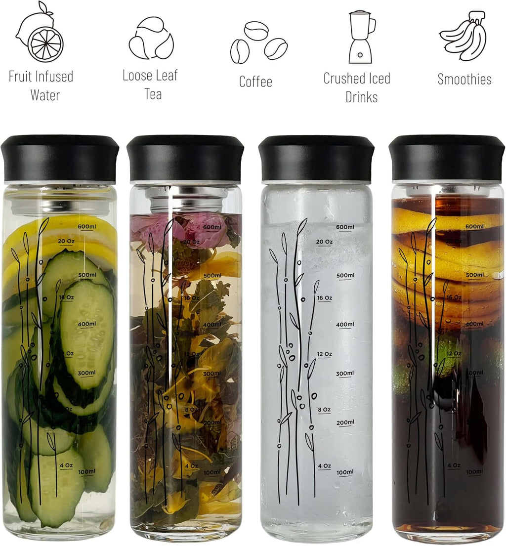23 oz Glass Water Bottle with Tea Infuser Strainer and Black Stainless Steel Lid - Tea Infuser Bottle