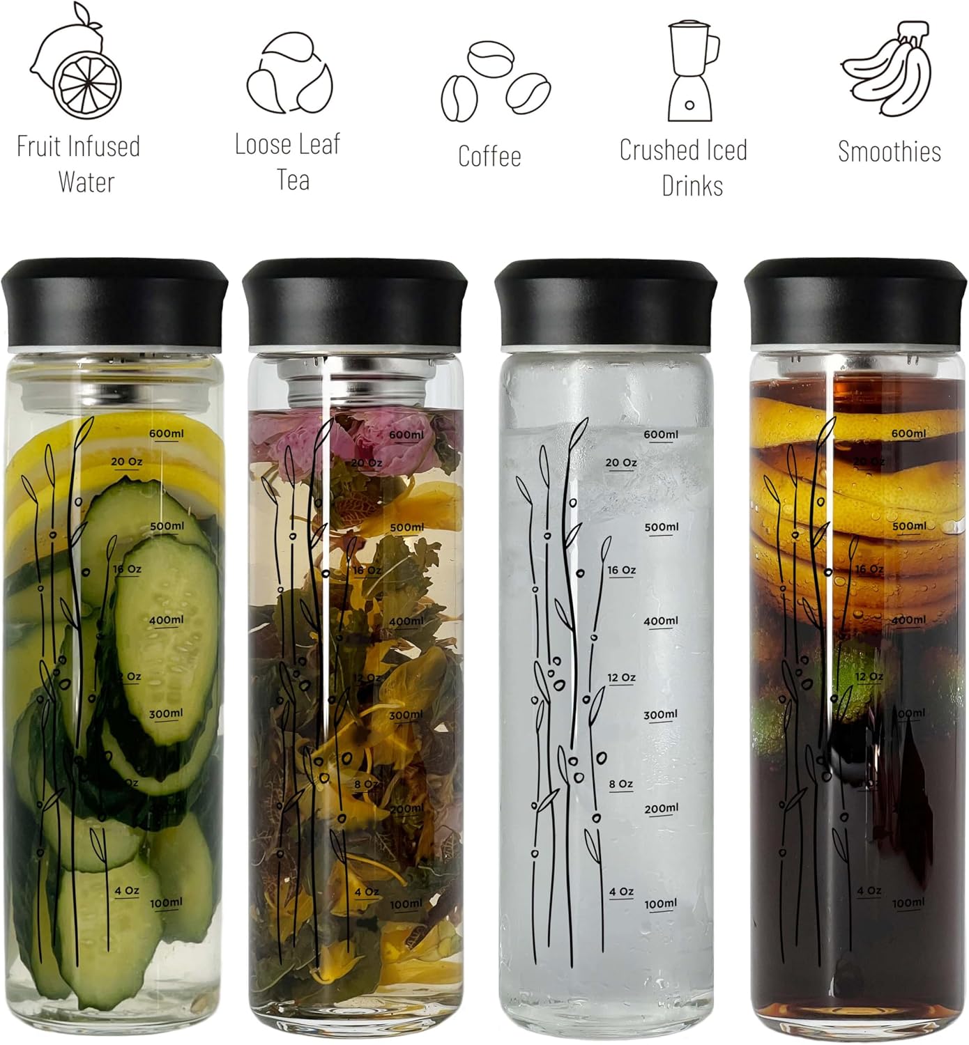 23 oz Glass Water Bottle with Tea Infuser Strainer and Black Stainless Steel Lid - Tea Infuser Bottle