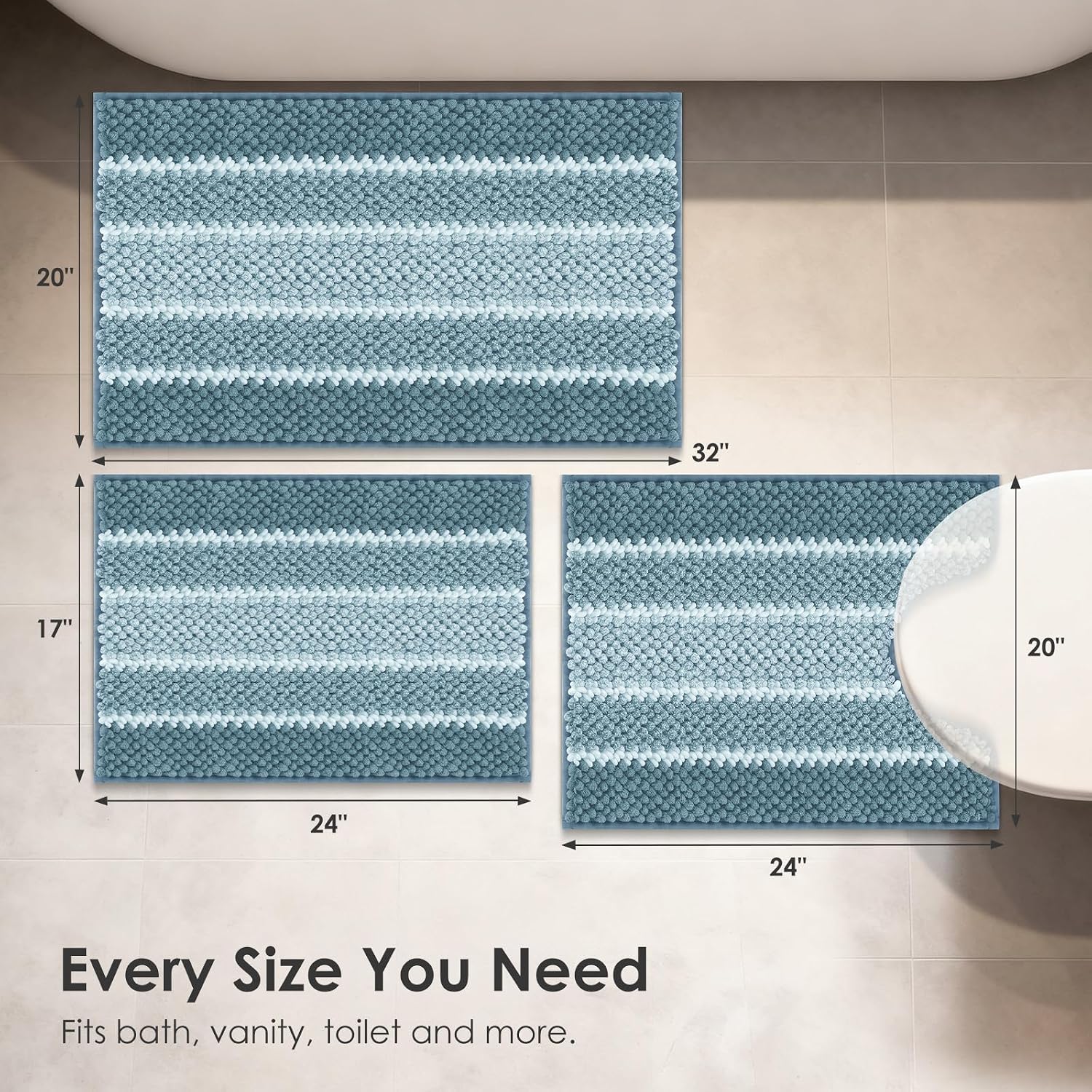 Chenille Bathroom Rugs 3 Pieces, Blue, 17"×24", 20"×32", 20"×24" | Extra Thick Absorbent Non-Slip Bath Mats with