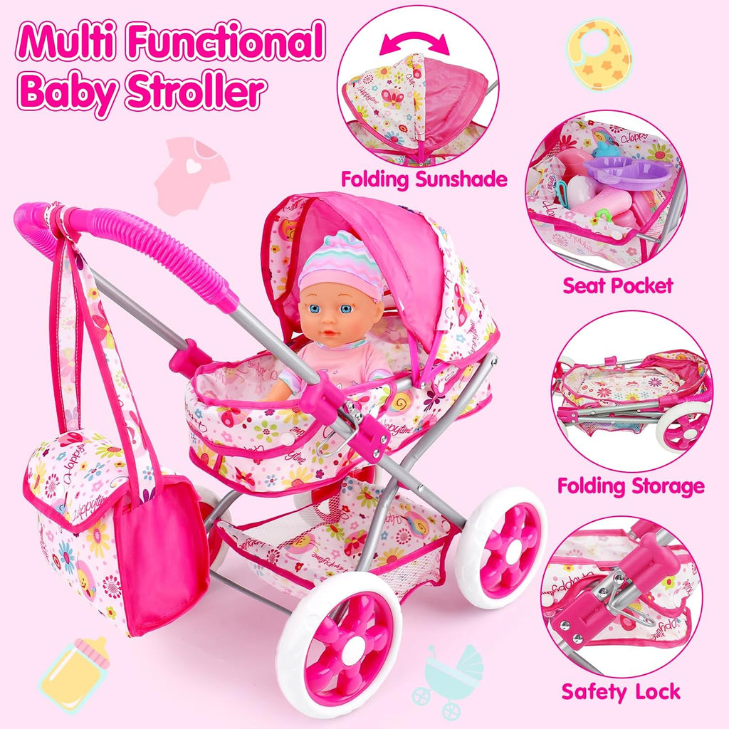 Baby Doll Stroller Set Toys for Girls Toddlers 3-5 4-6 5-7, Baby Doll Playset with 11" Doll, Bathtub and 20PCS Baby