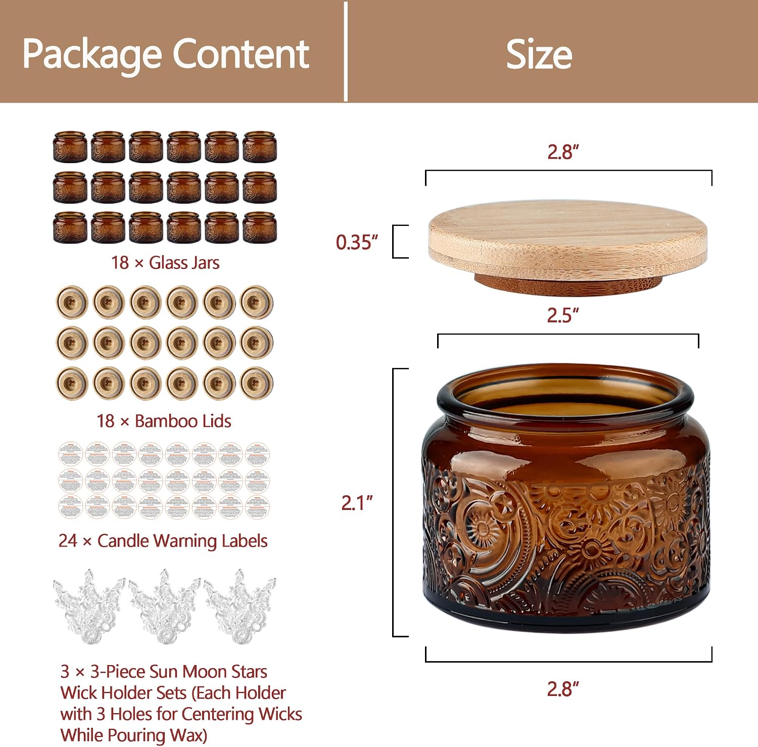 4 oz Mocha Sun Moon Stars Candle Jars with Bamboo Lids, 18 Pack | Patented Embossed Design, Includes Wick Centering