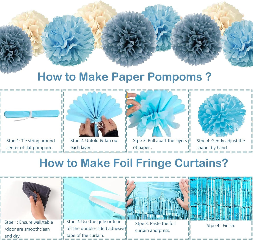 Blue Birthday Decorations - Blue Party Decor Balloons with Happy Birthday Banner Fringe Curtain Background Blue Pom
