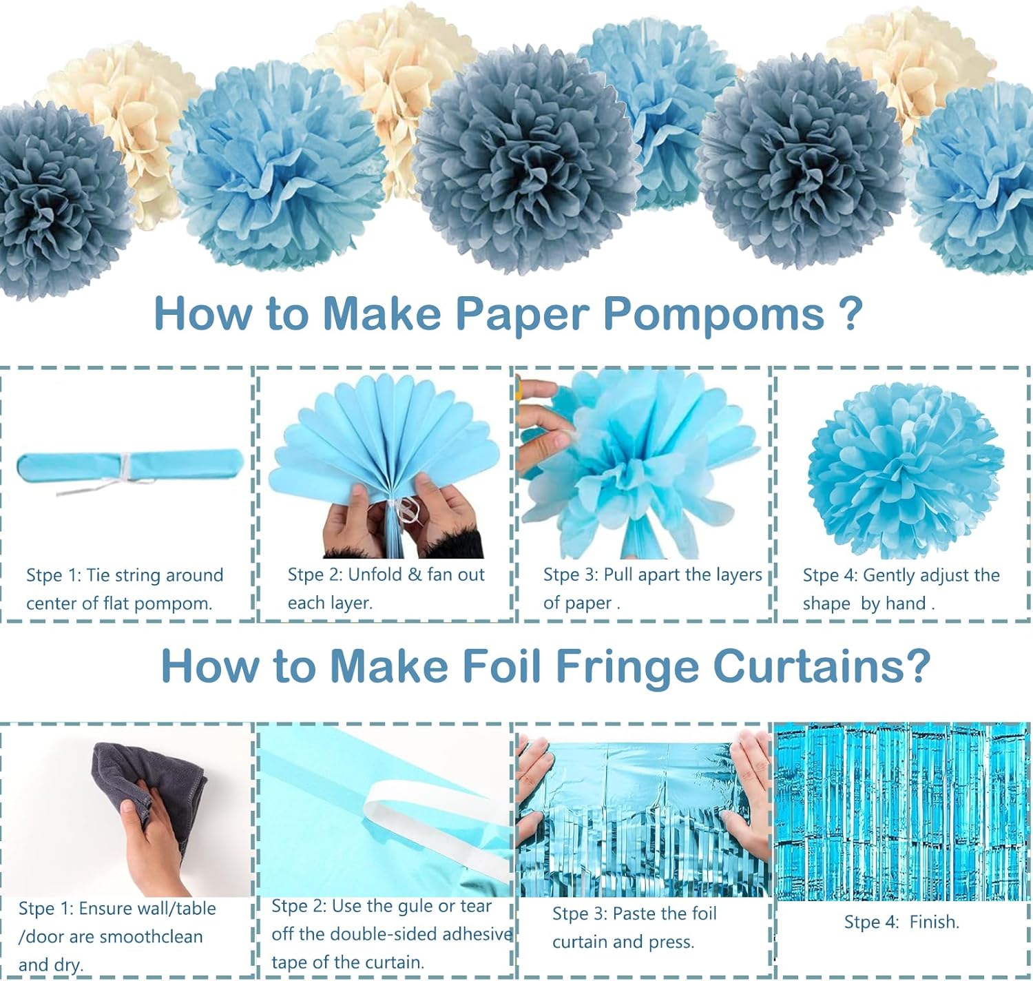 Blue Birthday Decorations - Blue Party Decor Balloons with Happy Birthday Banner Fringe Curtain Background Blue Pom