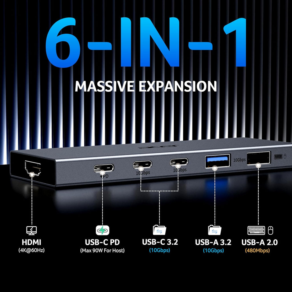 6-in-1 USB C Hub 10Gbps, USB C to HDMI Adapter 4K@60Hz, 2×USB-C 3.2, 1×USB A 3.2, 1×USB 2.0 Data Transfer, 100W PD