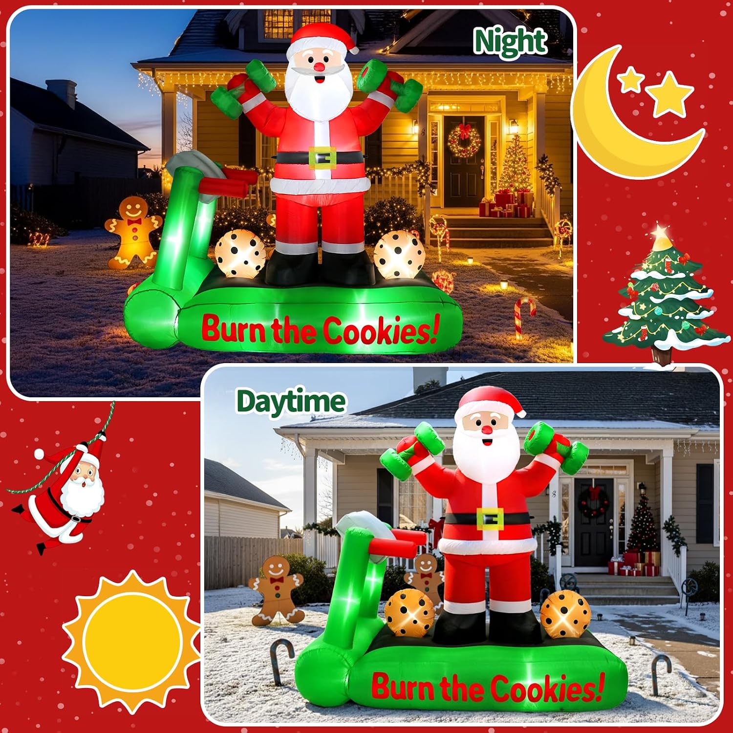 7FT Christmas Inflatable Santa Decorations, Santa on Treadmill with Dumbbells, Funny Fitness Santa Outdoor Blow Up