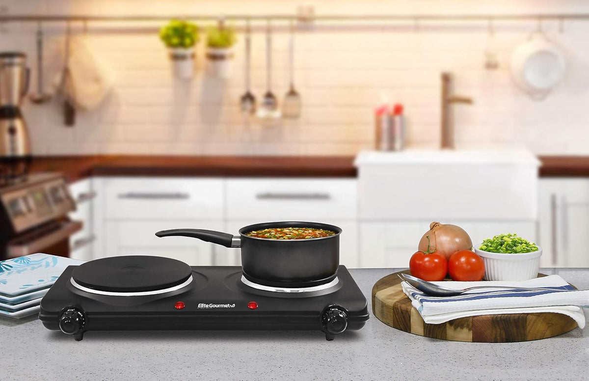 Double Cast Iron Burner, 1500W Hot Plate, Adjustable Temp