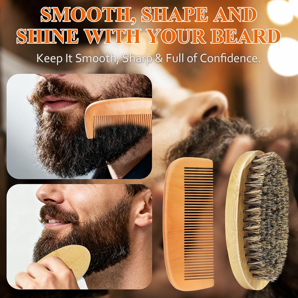 Beard Grooming Kit for Men Care, Beard Oil & Beard Balm, Boar Bristles Brush, Multi-Comb and Scissors for Beard and