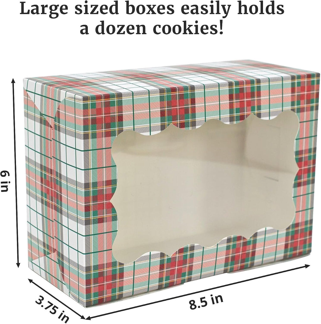 Christmas Cookie Boxes - 12 Pack - Tartan Plaid Bakery Gift Box with Window