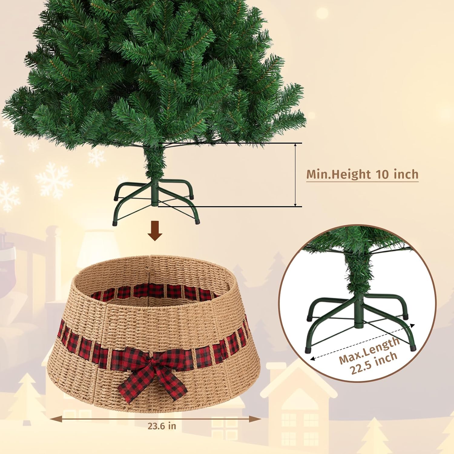 Christmas Tree Collar, Wicker Holiday Tree Skirt & Stand Base Cover,Paper Rope Christmas Decor with a Bow Tie