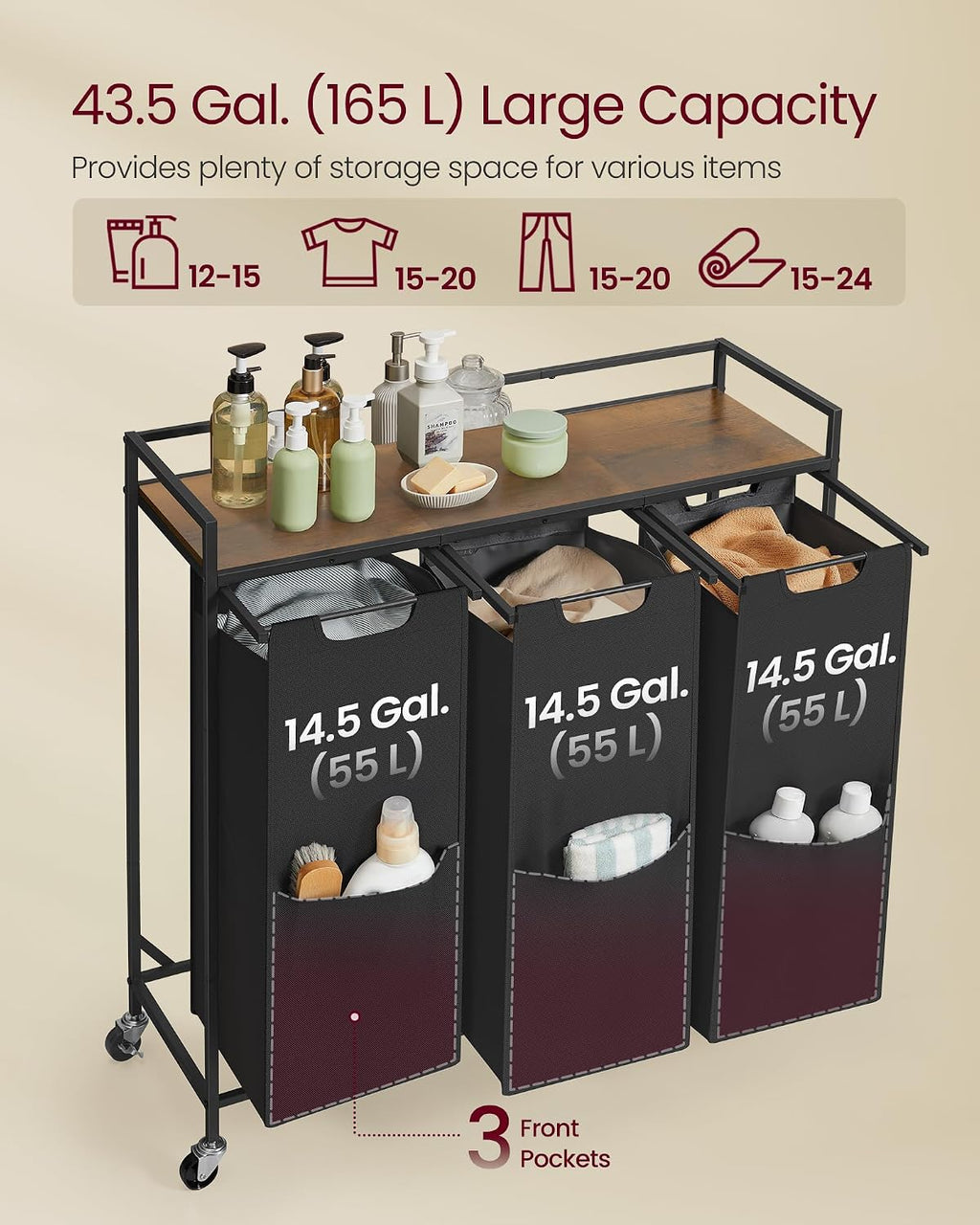 Laundry Sorter, 43.5 Gal. (165 L) Laundry Hamper Basket with 3 Compartments, Rolling Cart with Wheels, Shelf
