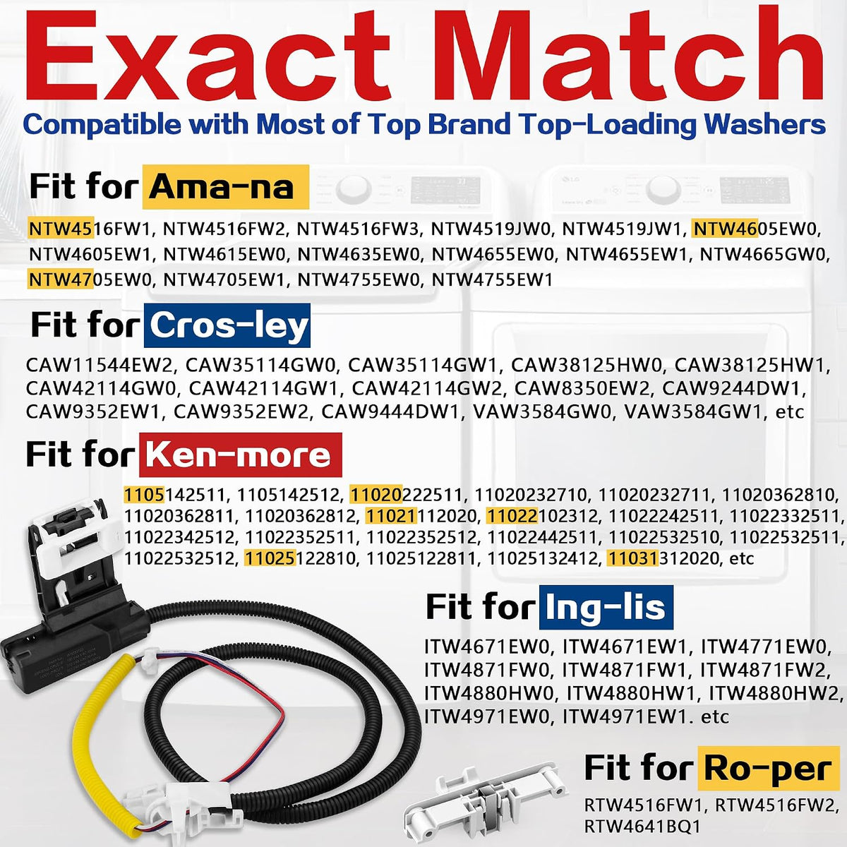 WTW4855HW2 WTW4816FW3 Washer Door Lid Lock Switch Kit Fit for Whirl-pool